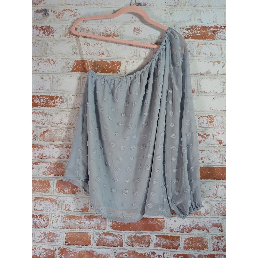 Entro One Shoulder Top Womens Large‎ Blue Swiss Dot Chiffon Blouse T15709